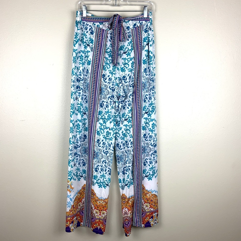 Johnny Was Annia Pants Size M Boho Floral Wide Leg Slit Swim Cover Up Resort